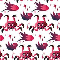 A pattern with space insects in the form of a crab. Mechanical insects of blue and pink colors fly in space among asteroids, nebulae and stars on white. Vector gradient illustration of an alien insect