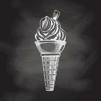 A hand-drawn sketch of a waffle cone with frozen yogurt or ice cream with cookies on chalkboard background. Vintage illustration. Element for the design of labels, packaging. vector