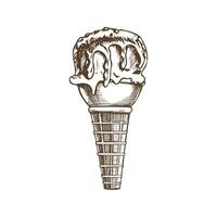A hand-drawn sketch of a waffle cone with frozen yogurt or ice cream with chocolate sauce on top. Vintage illustration. Element for the design of labels, packaging and postcards. vector