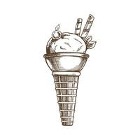 A hand-drawn sketch of a waffle cone with frozen yogurt or soft ice cream with waffle tubes and cherries. Vintage illustration. Element for the design of labels, packaging and postcards. vector