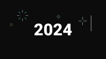 Lycklig ny år 2024. text med fyrverkeri på en svart bakgrund. modern ny år design video