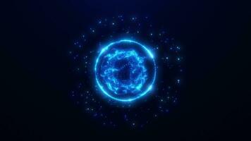 Abstract glowing sphere, energy ball shines brightly with rays of light, magic waves from particles and dots, atomic science abstract background, seamless loop video