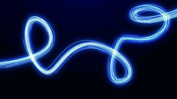 Light lines are curves. Glowing beam of light. blue futuristic particle flow. Bright neon glowing fast moving streams of light along a trajectory. Abstract background video