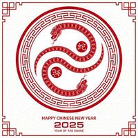 Happy Chinese new year 2025 Zodiac sign, year of the Snake, with red paper cut art and craft style vector