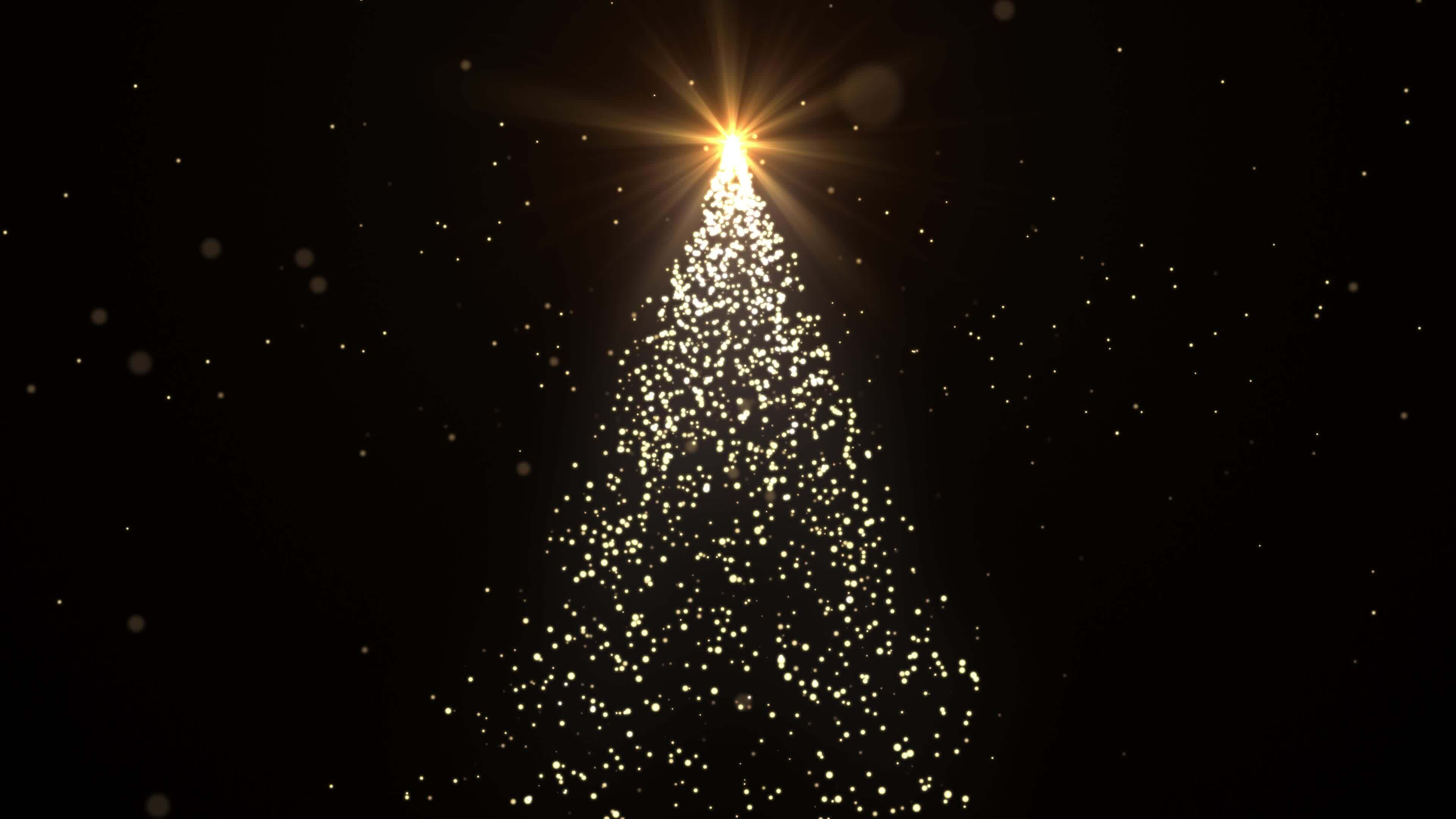 Animation of a glowing golden Christmas tree with particles lighting up