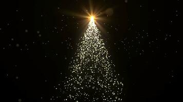 Animation of a glowing golden Christmas tree with particles lighting up the stars on black. New Year and Christmas holiday concept. Winter holiday 4k video background. 3D, 4K, seamless loop