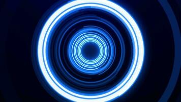 Digital abstract rotating tunnel with bright neon lamps and lights. Futuristic or technological background, 3D, 4K seamless loop. video