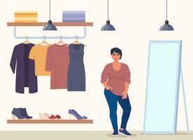 Woman stands near clothes rack and mirror, chooses clothes in fashion boutique. Assortment showroom, clothing store. Clothes shop interior. Dress, tunic, blouse on hangers. Vector illustration.