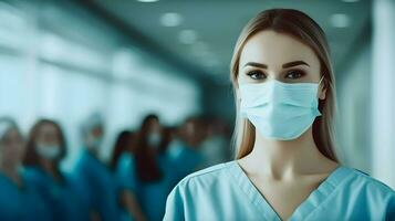 AI generated Female doctor wearing medical mask in hospital during job photo