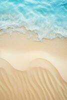 Aerial view of a beach with a foamy wave washing over golden sand. Vacation background. Tranquility and relaxation by ocean. Peaceful holiday. Relax in the nature. Meditation. Generative AI. photo