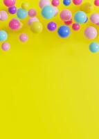 Vibrant, multicolored balls, balloons on yellow background, ideal for festive or playful themes. Empty, copy space. Backdrop for party or celebration invitations, children's parties, play centers. 3D. photo