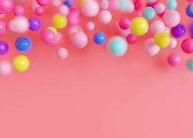 Vibrant, multicolored balls, balloons on pink background, ideal for festive or playful themes. Empty, copy space. Backdrop for party or celebration invitations, children's parties, play centers. 3D. photo