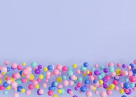 Multicolored balls, balloons on subtle lavender background, ideal for festive or playful themes. Empty, copy space. Backdrop for party or celebration invitations, children's parties, play centers. 3D. photo