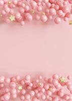 Pink background with bubbles, stars and copy space. It's a girl vertical backdrop with empty space for text. Baby shower or birthday invitation, party. Baby girl birth announcement. 3D render. photo