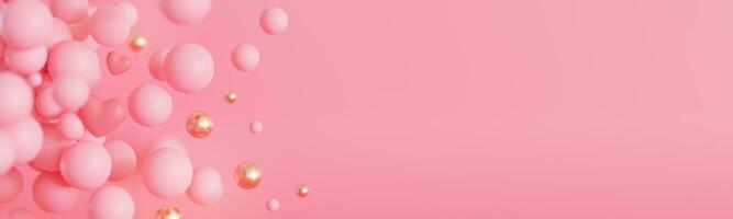 Pink background with bubbles, hearts and copy space. It's a girl banner with empty space. Baby shower or birthday invitation. Baby girl birth announcement. Valentine's Day, Mother's, Women's Day. 3D. photo