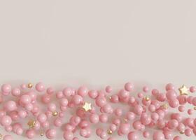 Pastel background with pink bubbles, golden stars and copy space. It's a girl backdrop with empty space for text. Baby shower or birthday invitation, party. Baby girl birth announcement. 3D render. photo