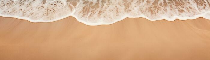 Aerial view of a beach with foamy wave washing over golden sand. Vacation background. Tranquility and relaxation by ocean. Peaceful holiday. Relax in the nature. Meditation. Copy space. Generative AI. photo