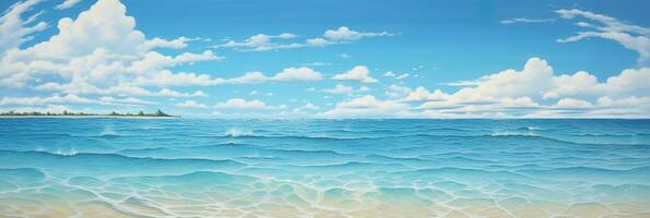 Serene beach scene with ocean waves and a blue sky with fluffy clouds. Vacation mood that speaks of tranquility and relaxation. Peaceful holiday. Relax in the nature. Banner. Generative AI. photo