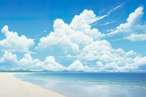 Serene beach scene with soft sandy shore, ocean waves, and a blue sky with fluffy clouds. Vacation mood that speaks of tranquility and relaxation. Peaceful holiday. Relax in the nature. Generative AI. photo