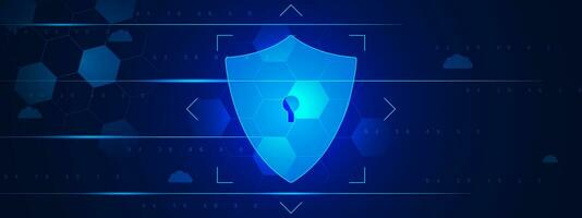 Cyber security or data protection privacy with futuristic shield lock and polygonal pattern. Internet security concept background. Vector illustration.