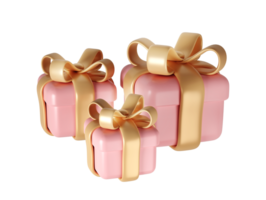 3d pink Valentines Day three gift boxes icon with golden ribbon bow. Render Romantic love modern holiday item for present shopping banner or poster png