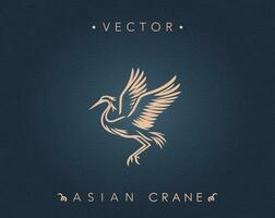 Golden Silhouette of Asian Crane on Swirl Pattern Background vector
