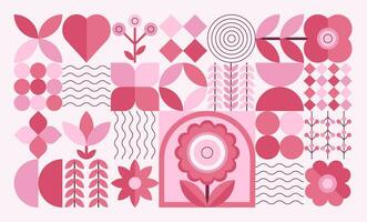 Bauhaus resumen geométrico gráfico plantas, formas, flores y corazones patrón, moderno bandera con rosado loseta natural diseño. vector ilustración.