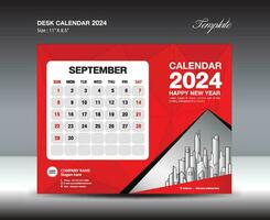 September 2024 template- Desk Calendar 2024 year template, wall calendar 2023 year, Week starts Sunday, Planner design, Stationery design, flyer design, printing media, red  polygon backgrund vector