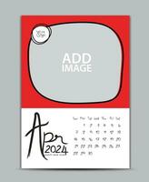 Calendar 2024 year design - April 2024, wall calendar 2024 year, Lettering calendar, Desk calendar template, week starts on sunday, printing, advertiement, Green background, vector