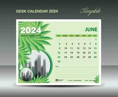 Calendar 2024 design- June 2024 template, Desk Calendar 2024 template Green flowers nature concept, planner, Wall calendar creative idea, advertisement, printing template, vector eps10