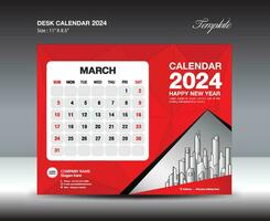 marzo 2024 plantilla- escritorio calendario 2024 año plantilla, pared calendario 2023 año, semana empieza domingo, planificador diseño, papelería diseño, volantes diseño, impresión medios de comunicación, rojo polígono fondo vector