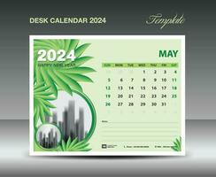 Calendar 2024 design- May 2024 template, Desk Calendar 2024 template Green flowers nature concept, planner, Wall calendar creative idea, advertisement, printing template, vector eps10