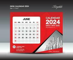 junio 2024 plantilla- escritorio calendario 2024 año plantilla, pared calendario 2023 año, semana empieza domingo, planificador diseño, papelería diseño, volantes diseño, impresión medios de comunicación, rojo polígono fondo vector