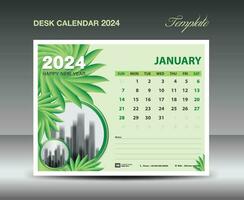 Calendar 2024 design- January 2024 template, Desk Calendar 2024 template Green flowers nature concept, planner, Wall calendar creative idea, advertisement, printing template, vector eps10