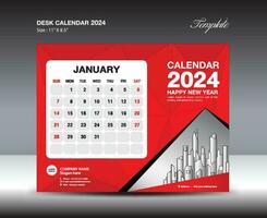 January 2024 template- Desk Calendar 2024 year template, wall calendar 2023 year, Week starts Sunday, Planner design, Stationery design, flyer design, printing media, red  polygon backgrund vector