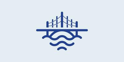 The minimalist bridge logo with sea waves is made with a line style. vector