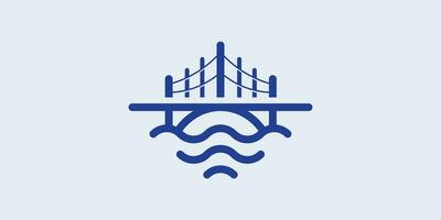 The minimalist bridge logo with sea waves is made with a line style. vector