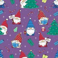 Seamless pattern with funny gnomes with toys and gifts on a purple background. Printable holiday cartoon Characters. vector