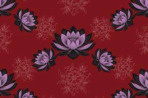 Diagonal Pattern of Detailed Pink and Black Lotus Flowers on a Deep Red Background vector