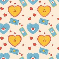 Seamless pattern groovy valentine's day, hearts, cute character vector