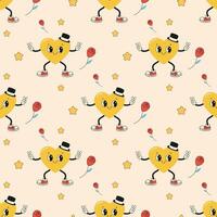 Seamless pattern groovy valentine's day, hearts, cute character vector