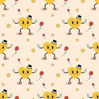 Seamless pattern groovy valentine's day, hearts, cute character vector