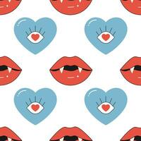 seamless pattern groovy lips and heart, love vector