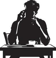 a man sitting at a table talking on a cell phone Vector silhouette illustration 5