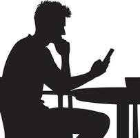 a man sitting at a table talking on a cell phone Vector silhouette illustration 14