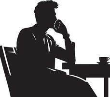 a man sitting at a table talking on a cell phone Vector silhouette illustration