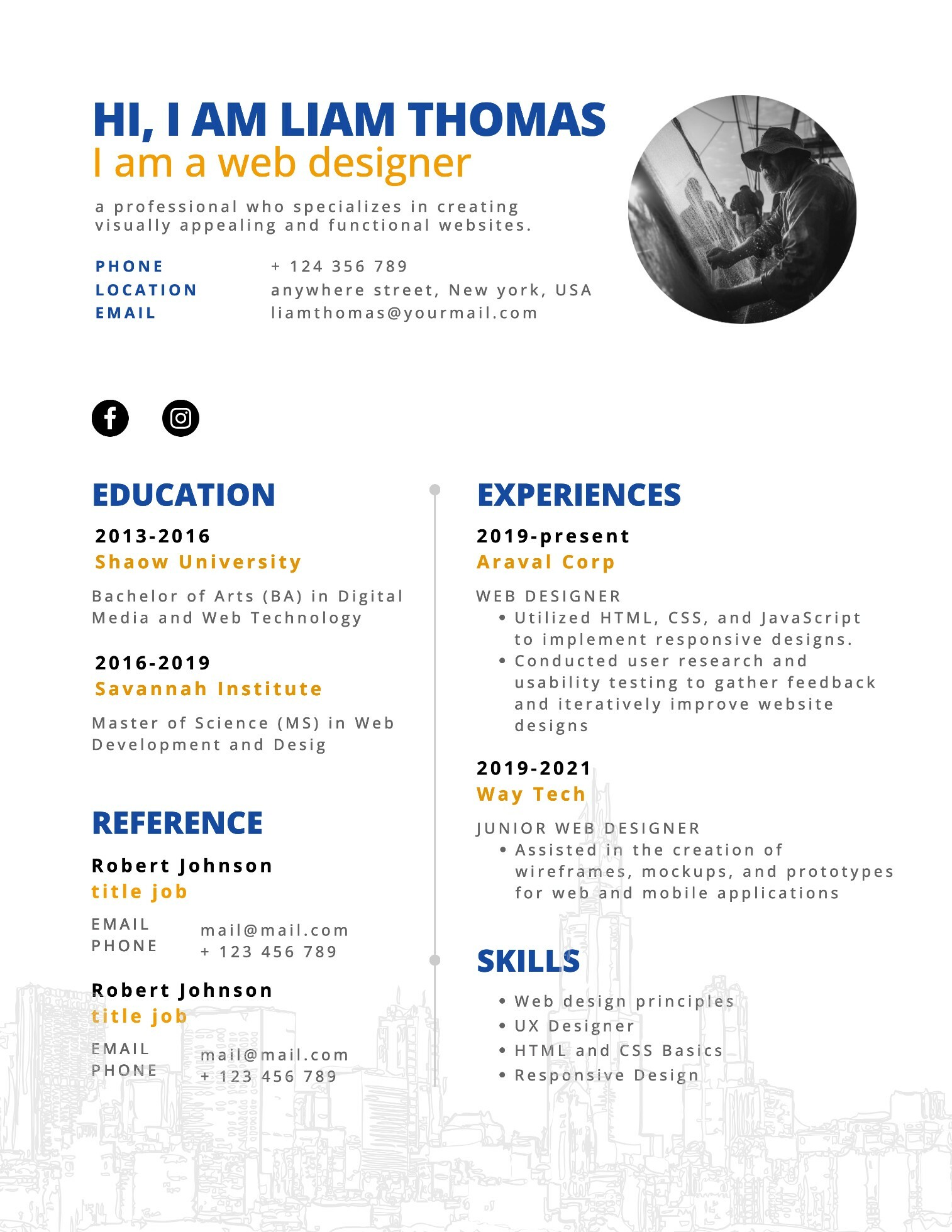 blue and orange resume ats social media template