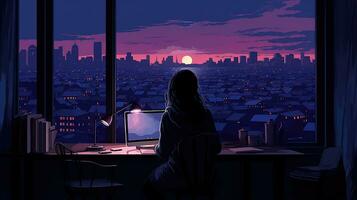 AI generated Silhouette of girl sitting with a phone in his hand on Landscape background night city. Generative AI photo