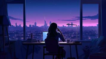 AI generated Silhouette of girl sitting with a phone in his hand on Landscape background night city. Generative AI photo