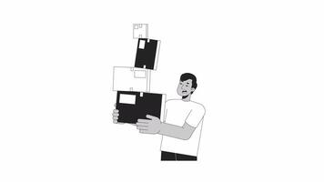 Troubled indian guy carrying unsteady boxes bw outline 2D character animation video